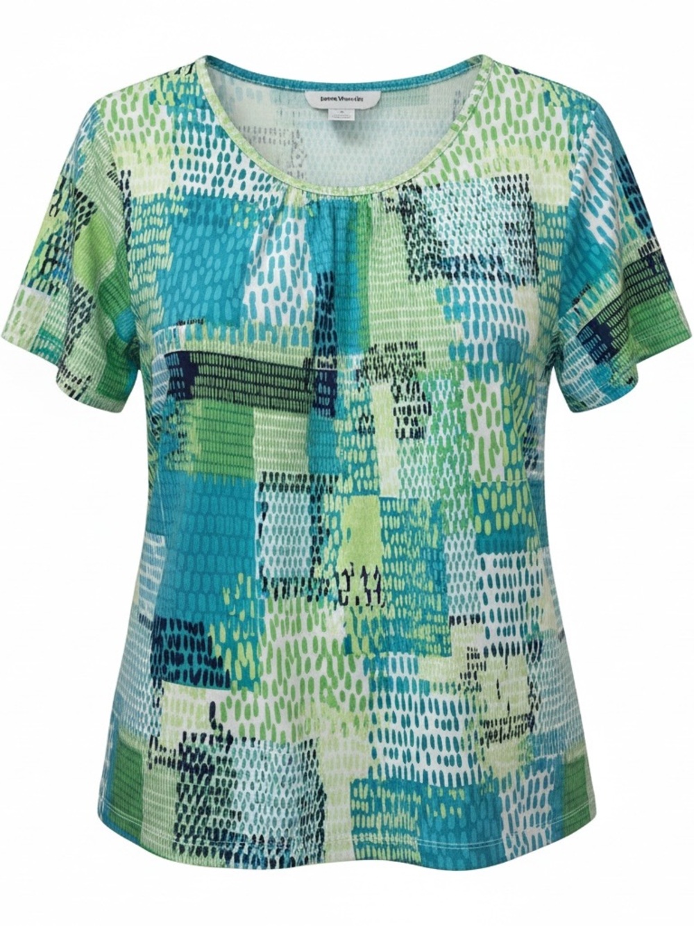 BonWorth Short Sleeve Scoop Neck Tee  Teal & Green Patchprint Size Petite Small